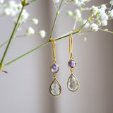 Large Apple and Pears Drop Earring in Gold with Purple and Green amethyst