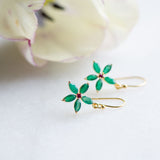 Blossom Drop Earrings in Gold with  Green Onyx and Ruby Zirconia