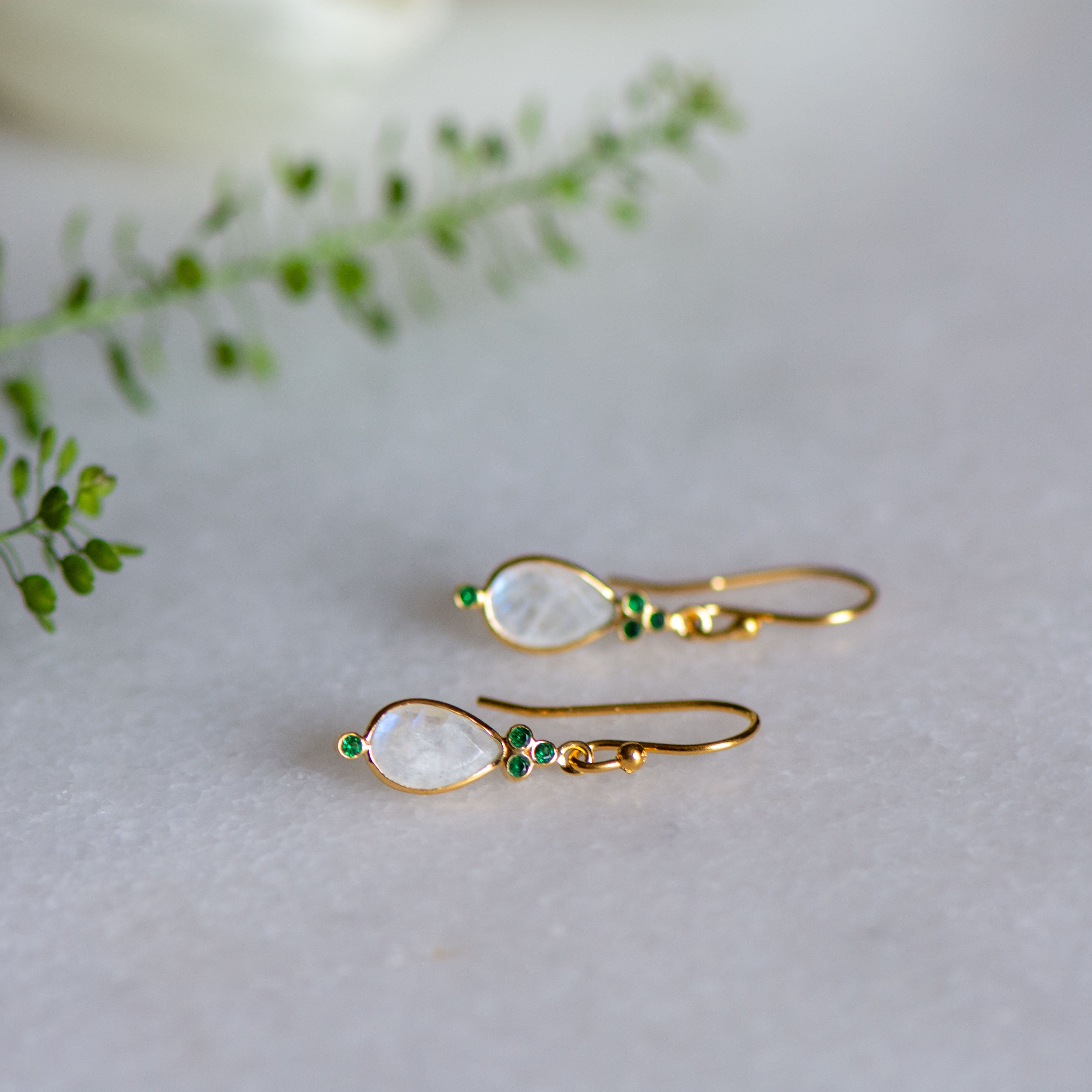 Juniper Drop Earrings With Moonstone and Emerald Zirconia from Memara