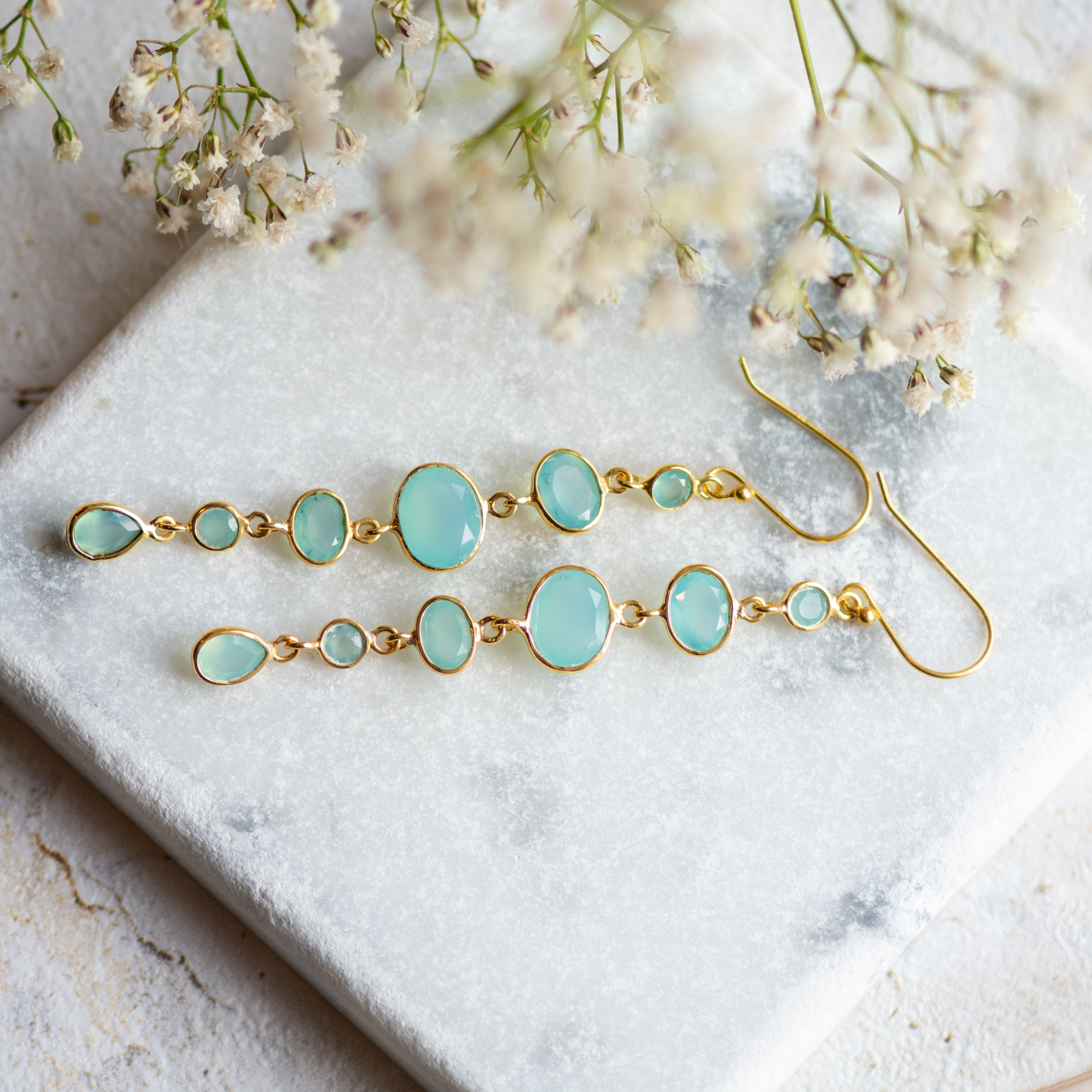 Cascade Earrings in Gold with Aqua chalcedony Earring Memara 