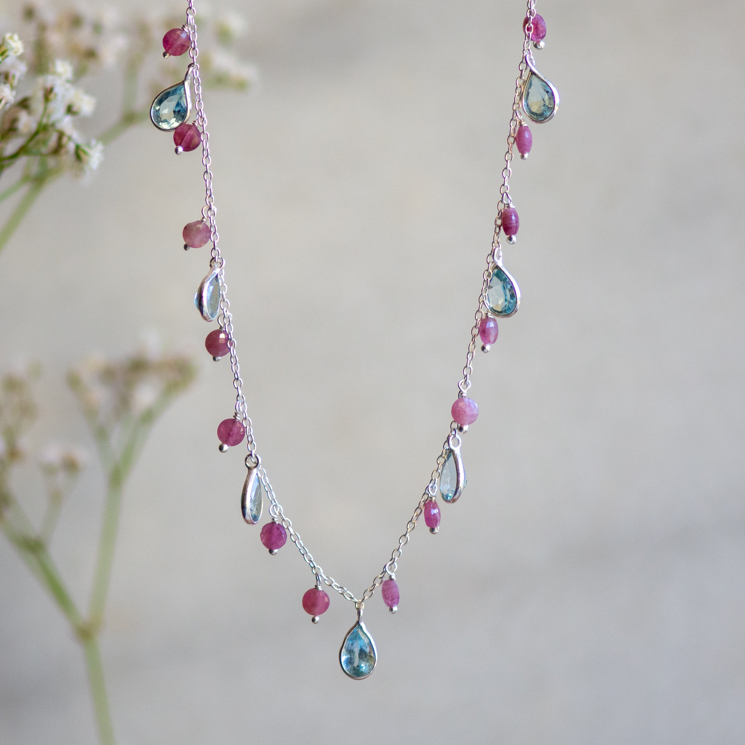 Kiki Necklace in Blue Topaz and Pink Tourmaline & Blue Topaz Trellis Earrings – Jewellery Set Memara 
