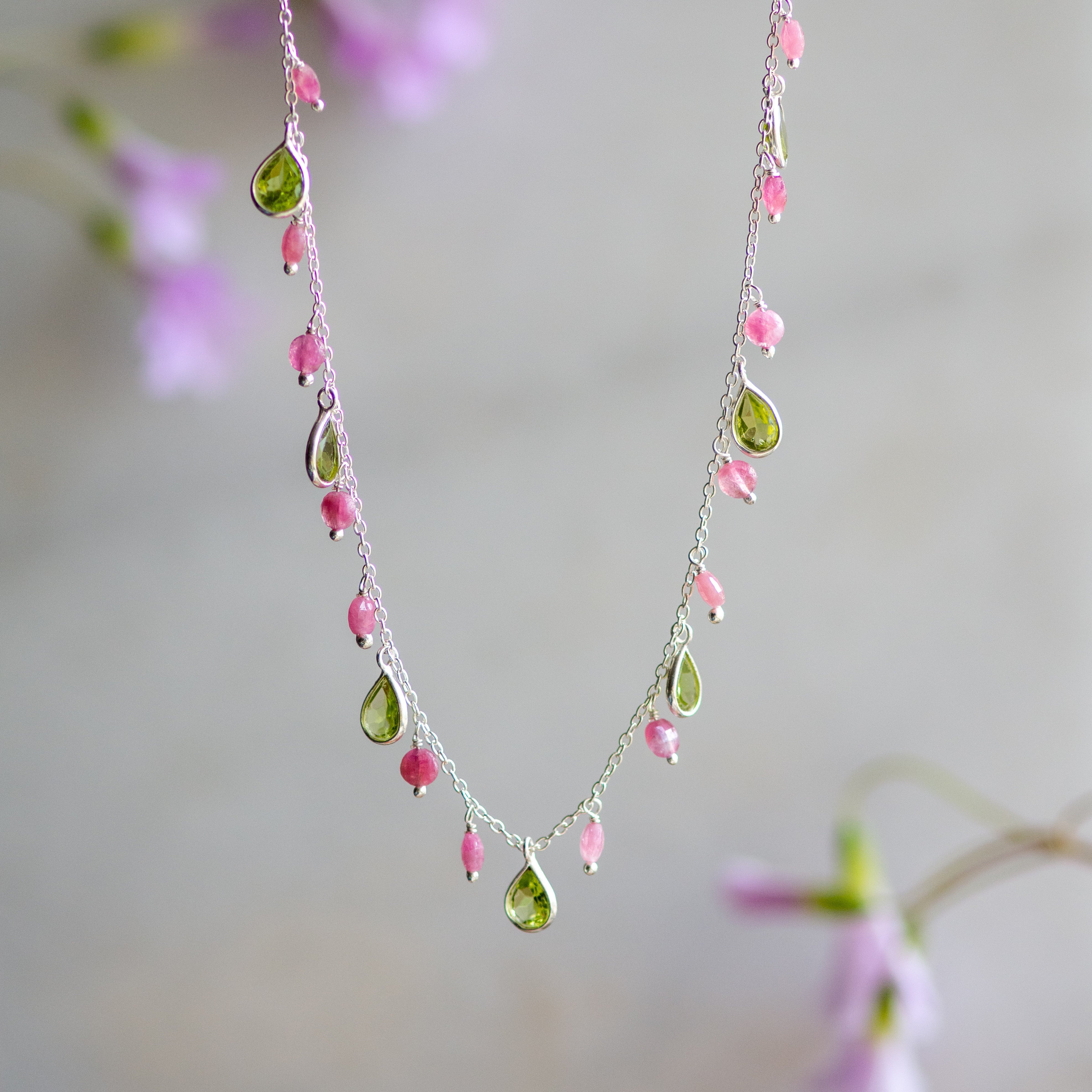 Kiki Necklace in Silver with Peridot and Pink Tourmaline Necklace Memara 