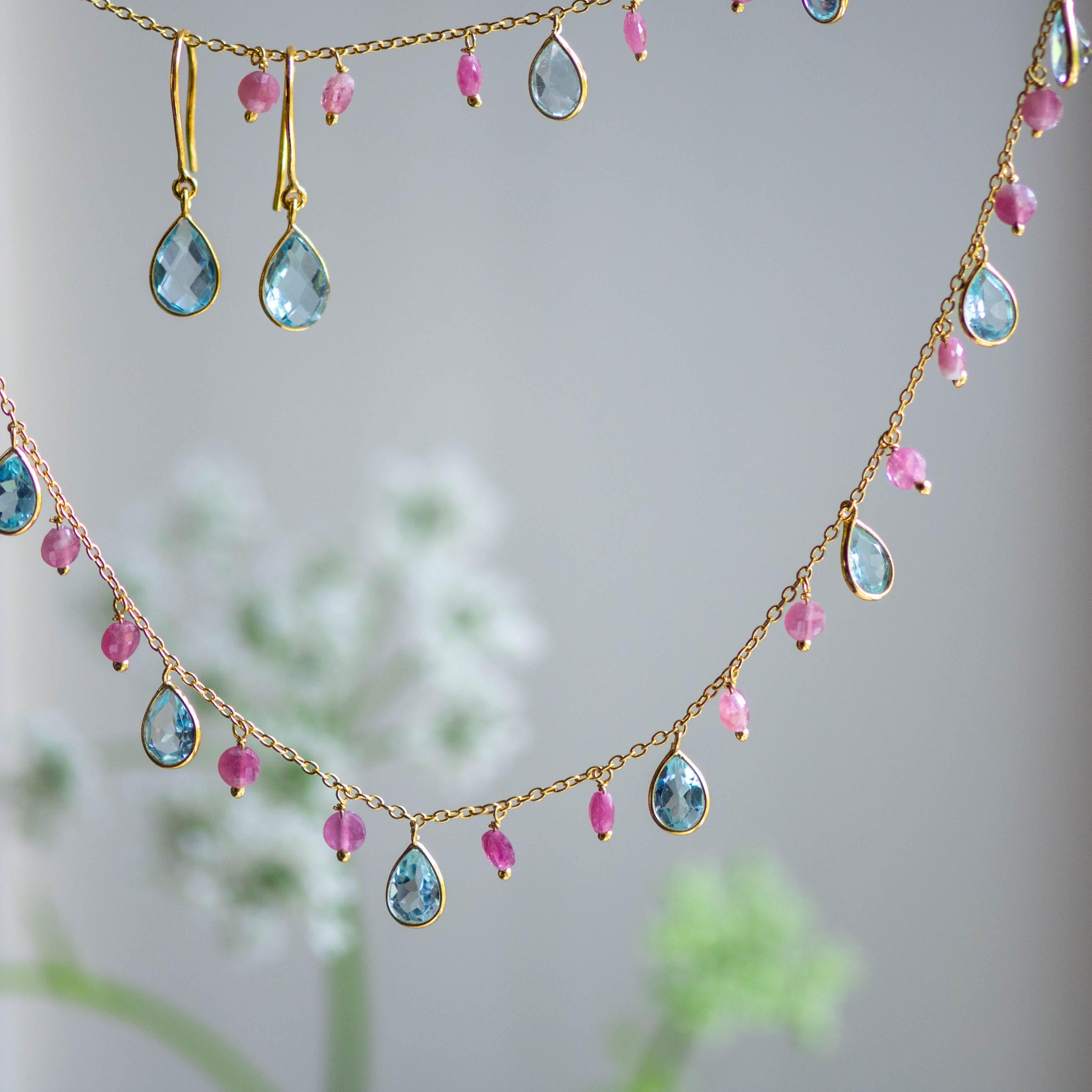 Kiki Necklace in Blue Topaz and Pink Tourmaline & Blue Topaz Tear Drop Earrings – Jewellery Set Memara 