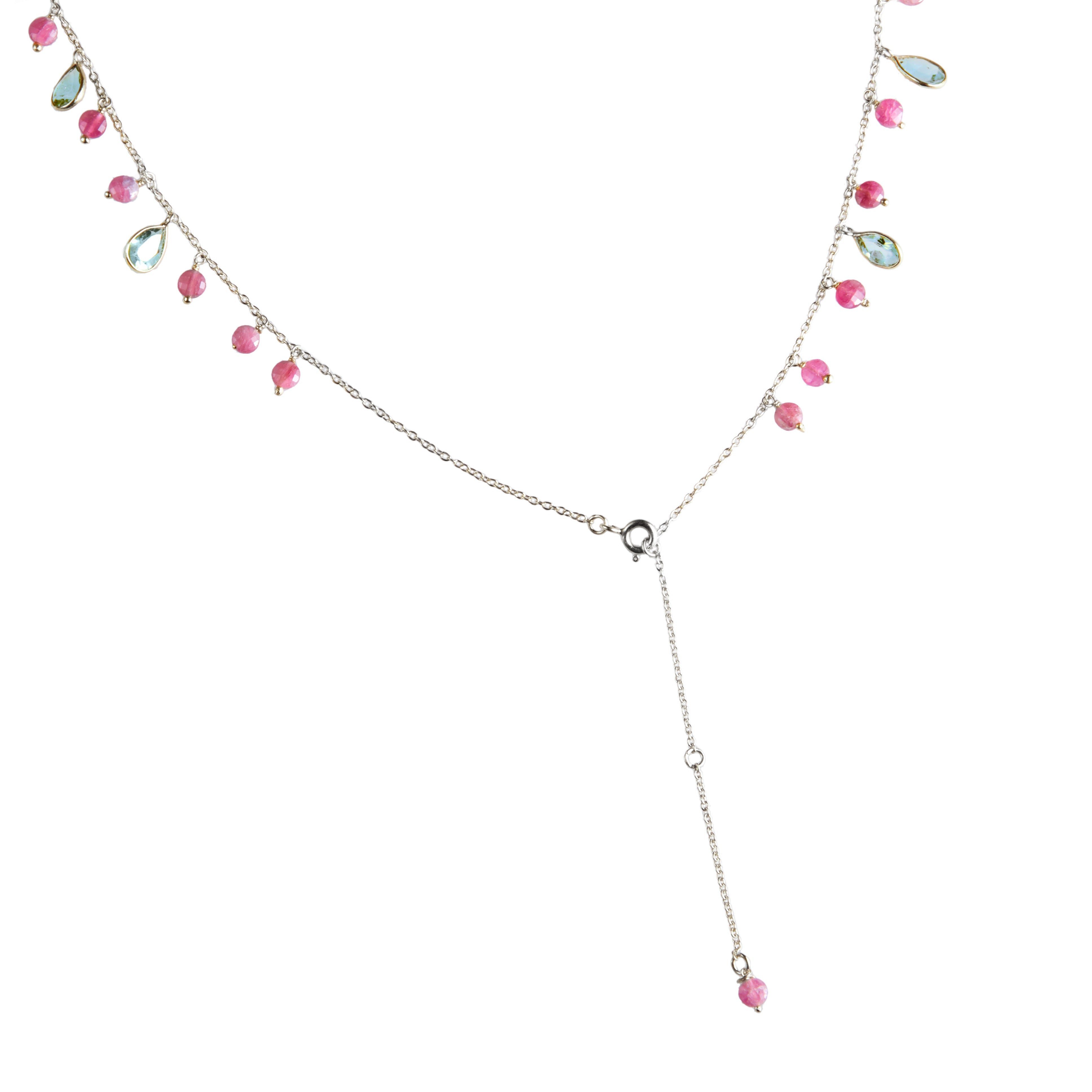 Kiki Necklace in Blue Topaz and Pink Tourmaline & Blue Topaz Trellis Earrings – Jewellery Set Memara 