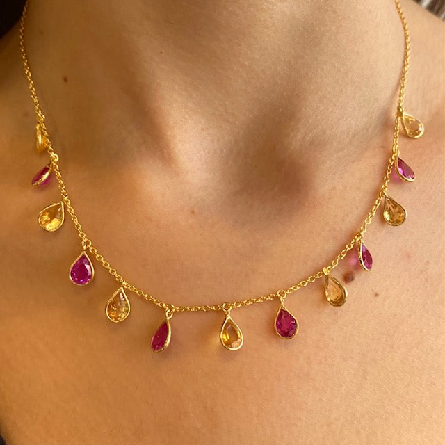 pear drop gold necklace in citrine and pink sapphire